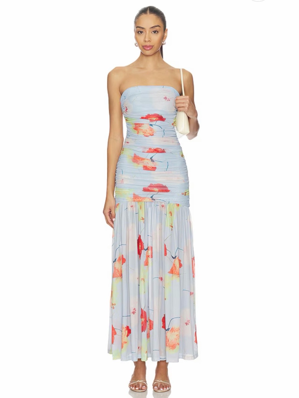 Bardot Solana Printed Mesh Maxi Dress in Baby Blue
